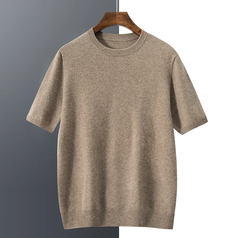 

100% Pure Goat Cashmere Men's Crewneck Pullover Sweater Basic Half Sleeve Sweater Solid Color Business Casual Men's Top