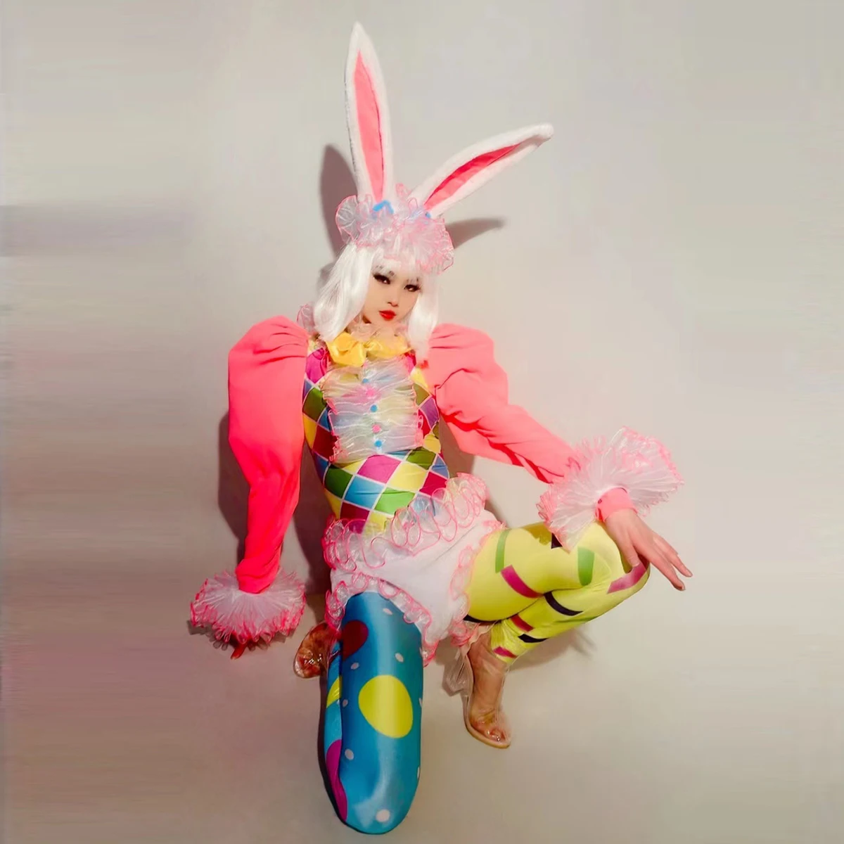 

New Year's Eve Tour Cute Bunny Girl Costumes Whole Set With Headwear,Party Club Dance Show Clothes Top And Jumpsuit Pants