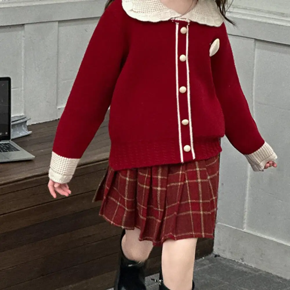 

Kawaii Girl Fashion Sweater Skirt Set Student Autumn Casual Round Neck Knitwear Tops Short Skirt 2-Piece Set Children's Clothing