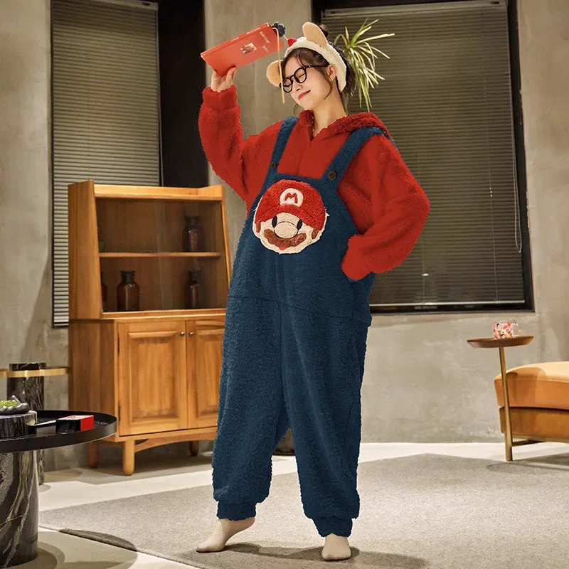 Herbst und Winter Warme Erwachsene Paar Kigurumi Cartoon Einteilige Pyjamas Korallen Samt Verdickung Mit Kapuze Komfort Loungewear