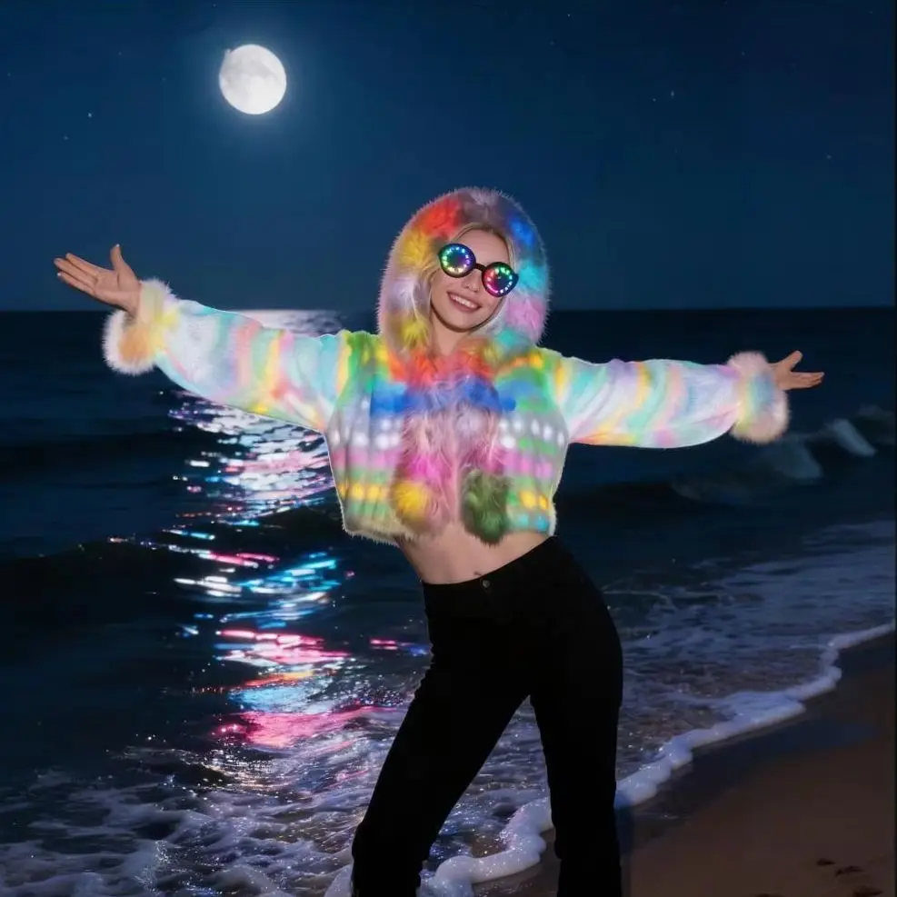 LED-Pelzmantel für Damen, leuchtende Kapuzenjacke aus Plüsch, RGB-Kunstpelz-Winterjacke mit Fernbedienung für Party, Festival, Rave