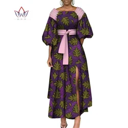 Bintarealwax vestidos africanos para mujer costura en contraste estampado de cera africana manga abombada vestido largo Maxi con cinturón fiesta WY10287