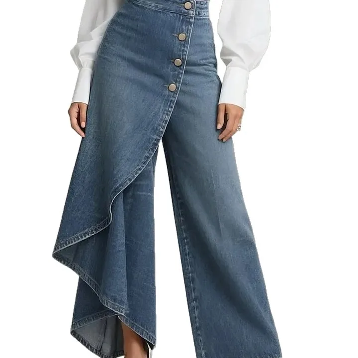 2026 New Women's Casual Wide Leg Pants Spring Fashion Breasted Design Ladies Slim Trousers Vintage Imitation Denim Women Pants