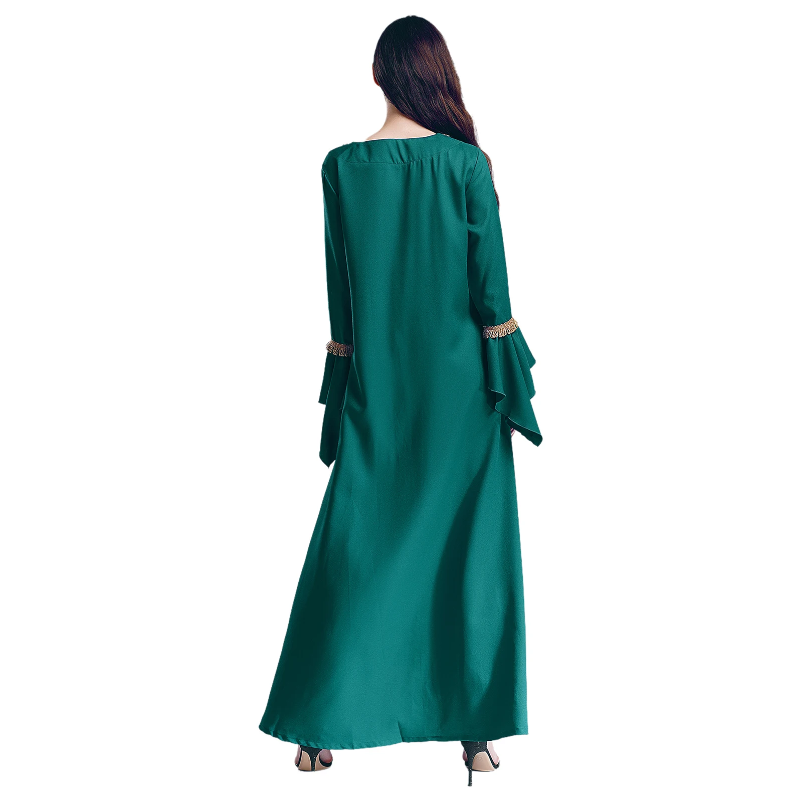 Elegante Womens Moslim Abaya Vloerlengte Gewaad V-Hals Uitlopende Mouw Jurk Halloween Heks Maskerade Jurk Rollenspel Themafeest