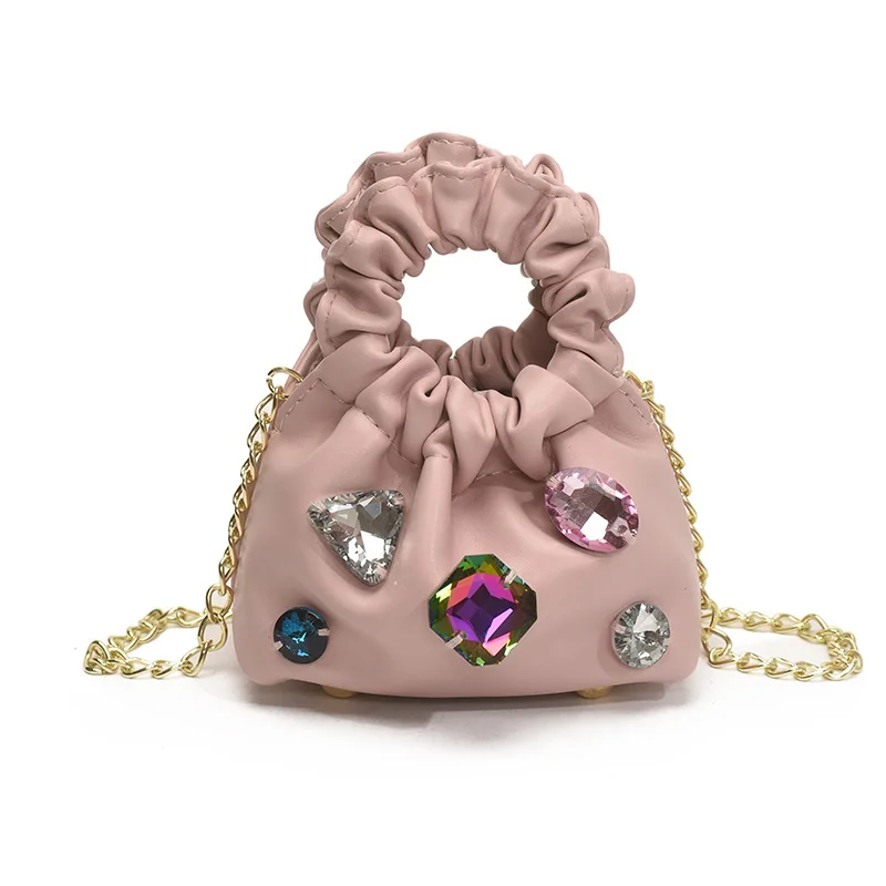

Princess rhinestone ring handbag, mini cute girl's chain bag, stylish pleated children's cloud bag