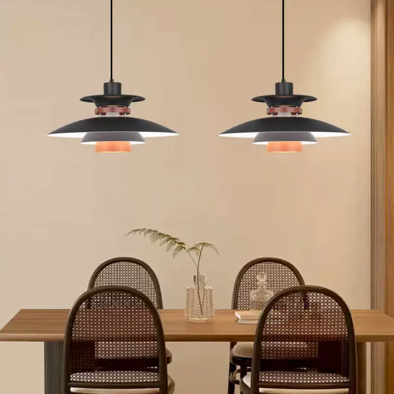 Black Walnut Flying Saucer Lamp LED Retro Retractable Rotating Long Pole Chandelier Foldable Rocker Arm Dining Table Chandeliers