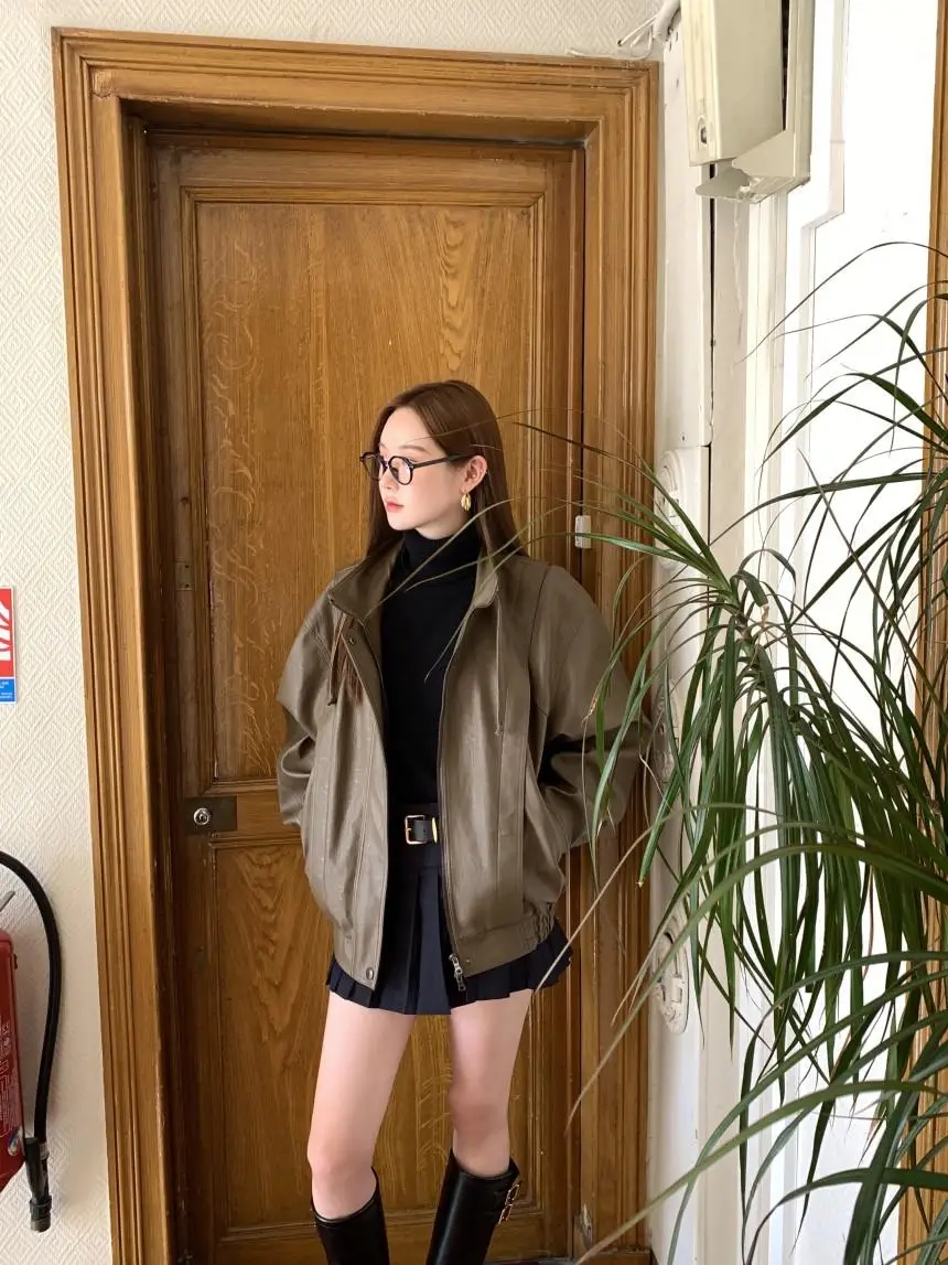 Jaet in pelle PU opaca Colletto alla coreana Dstring da donna Allentato dimagrante Sli Abbigliamento da moto Top Trendy Pendolari Sle