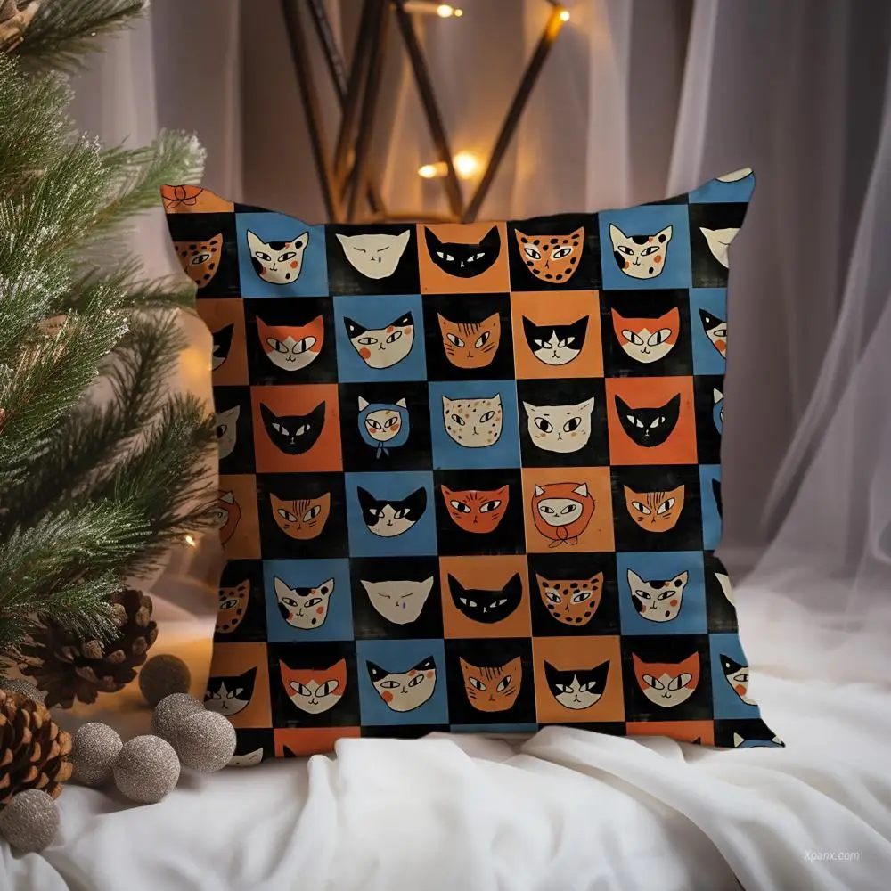 Full‑Screen Plaid Cat Cushion Cover Premium Comfort Reversible Pillow Cove -Two in One Design for Any Room & Car Interior