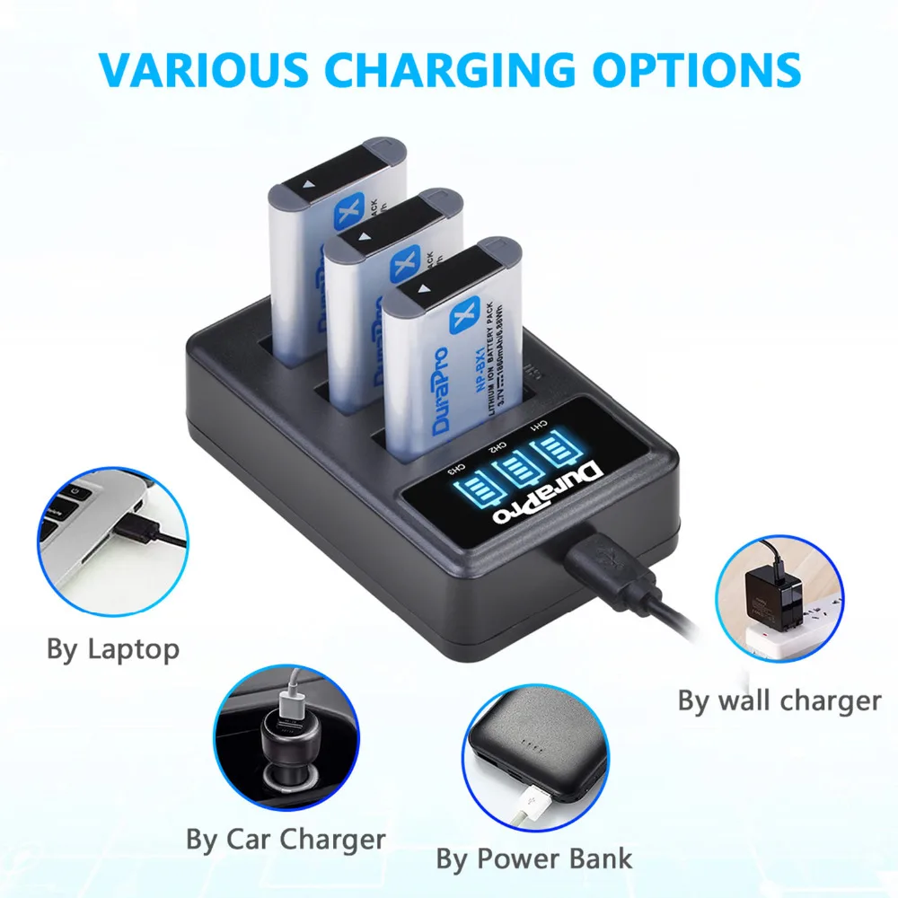 DuraPro 1860mAH NP-BX1 NPBX1 Battery+LED 3 Slots Charger For Sony ZV-1 FDR x3000 HDR as300 DSC rx100 iii DSC RX1 RX100iii