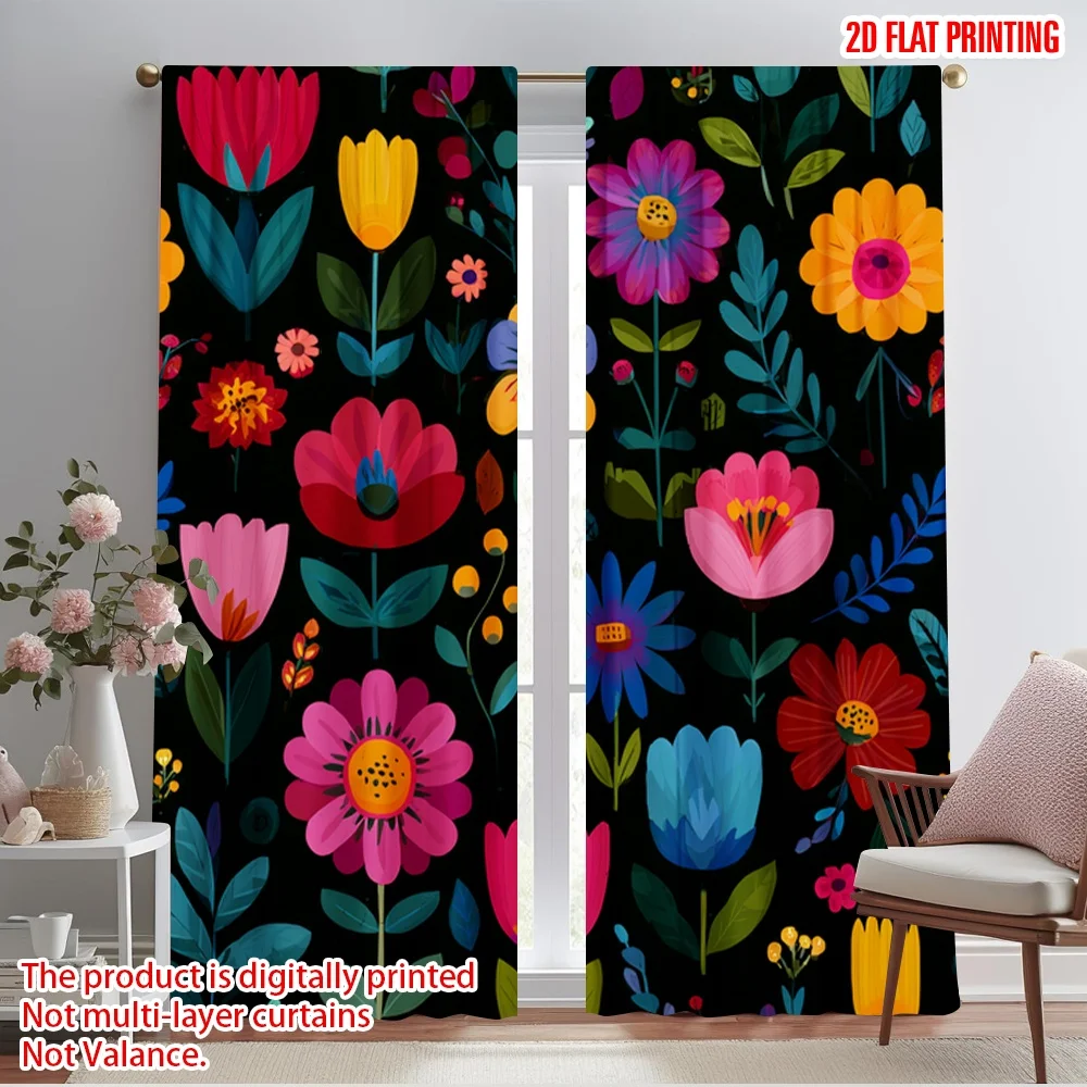 

2pcs 2D flat printing Scene Curtains Floral Flower Design 100% Polyester Fabric Without Electricity Festive Holiday for Holiday