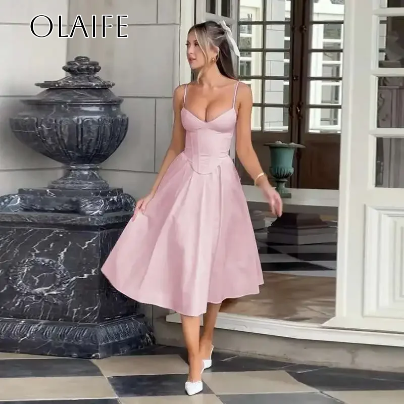 

Pleated Spaghetti Strap Tea Length Homecoming Dress A-line Satin Sleeveless Customized فساتين للمناسبات الخا