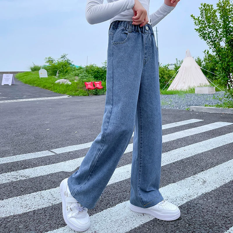Spring Autumn Casual Jeans For Girls Teenage Solid Elastic Waist Denim Wide Leg Pants Velvet Winter Kids Straight Warm Trousers