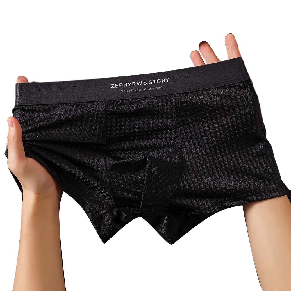 Men Twill Texture Boxer Shorts Smooth Glossy Breathable Underwear Homewear Trunk  Sexy Thin Flat Corner Panties