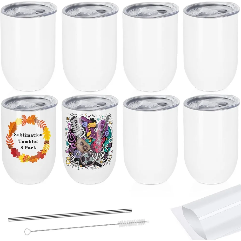 

12 Oz Stainless Steel Double Wall Insulated Wine Tumblers, Bulk Sublimation Ready Cups and Mugs with Straw and Cleaning Brush