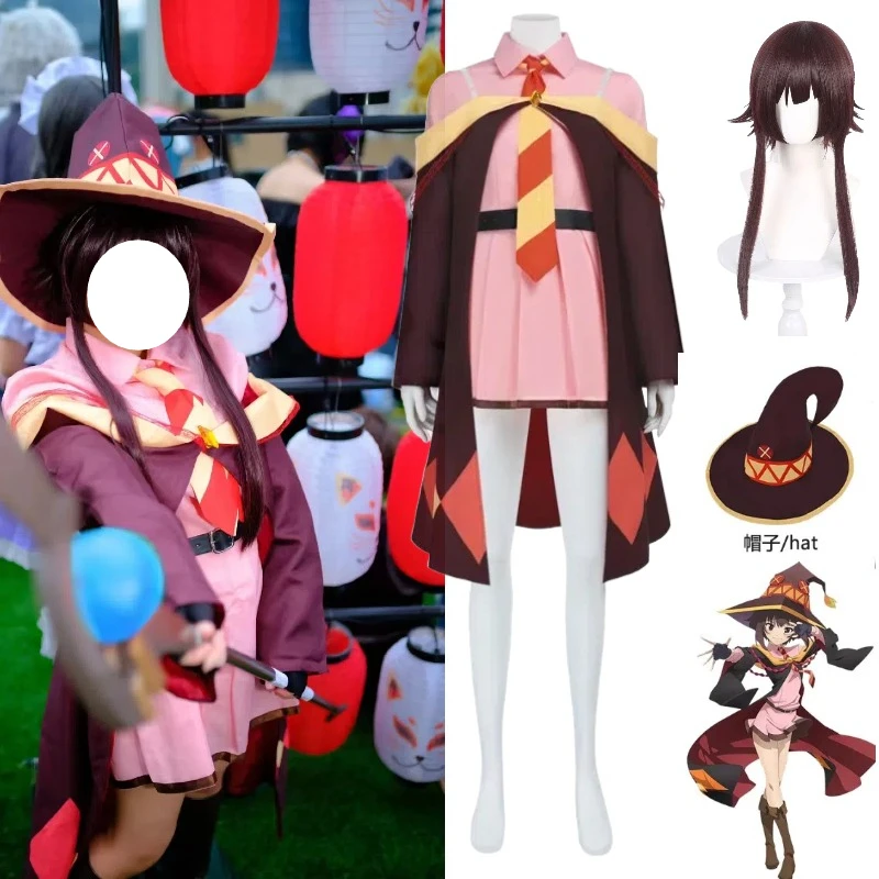 

Anime Megumin Cosplay Magician Costume Witch Cos Pink Dress Coat Hat Wig Full Set Role Play Outfit Wizard Halloween Party