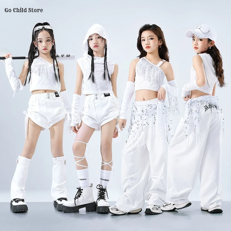Hip Hop Kids Elegant Crop Hoodies Cargo Pants Girls K-pop Top Street Dance Shorts Child Jazz Streetwear Girl Group Clothes Sets
