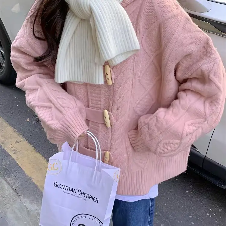 

Корейский консервативный стиль, милый розовый кардиган, свитера, женские свободные вязаные куртки с длинными рукавами и капюшоном, осень-зима, винтажные милые топы, новинка