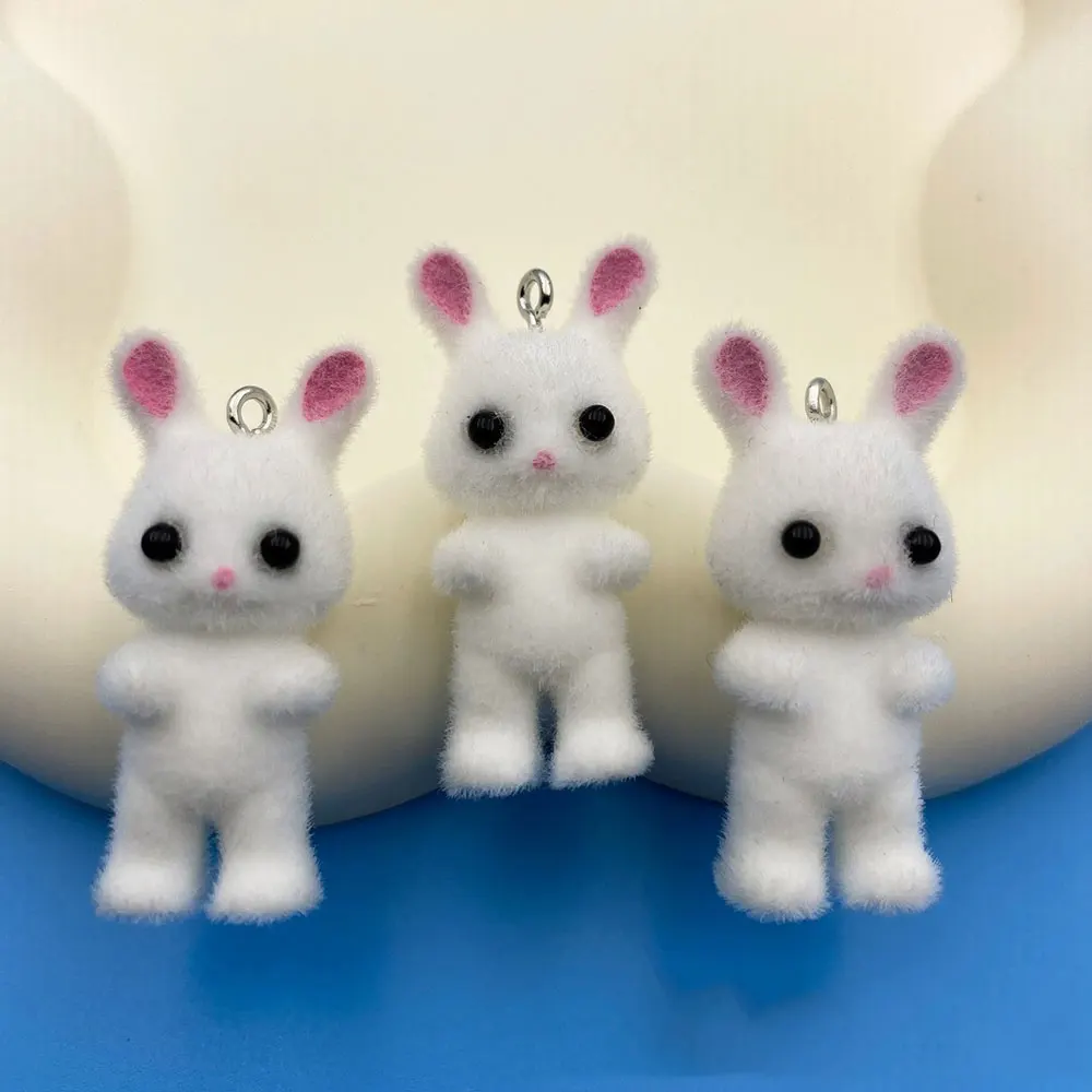 5pcs Cute Flocking Rabbit Resin Charms for Jewelry Making