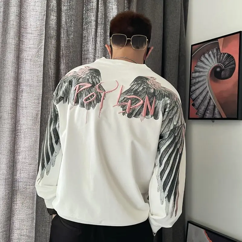 Y2k Pullover Harajuku Hip Hop Sweatshirt Loose Long Sleeved Men Top Oversized Wings Printed Jacket Cotton  New Streetwear Men