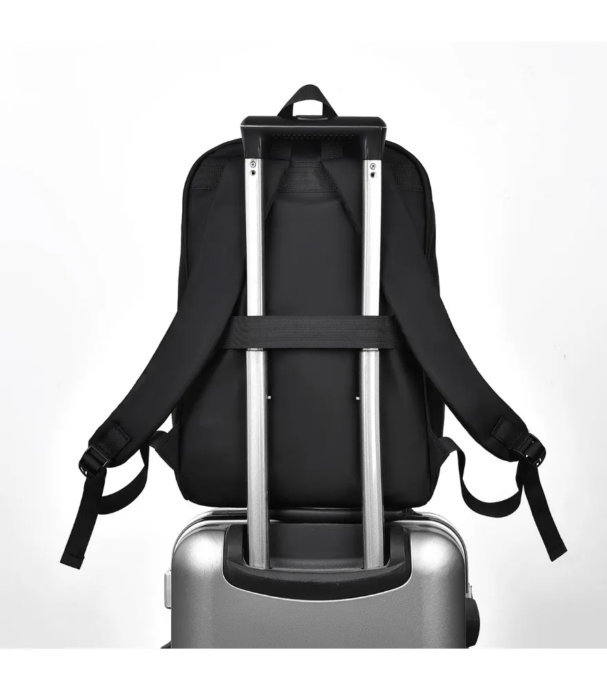 Solid black sleek waterproof backpack double metal zipper pulls two layered front pockets dual side slip pockets lightweight