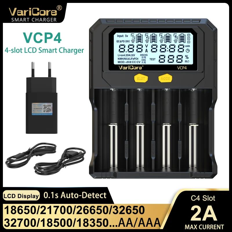Varicore 18650 Battery Charger VCP4,3.7V 18350 14500 18500 21700 26650 1.2V AAA NiMH Lithium LCD Charger