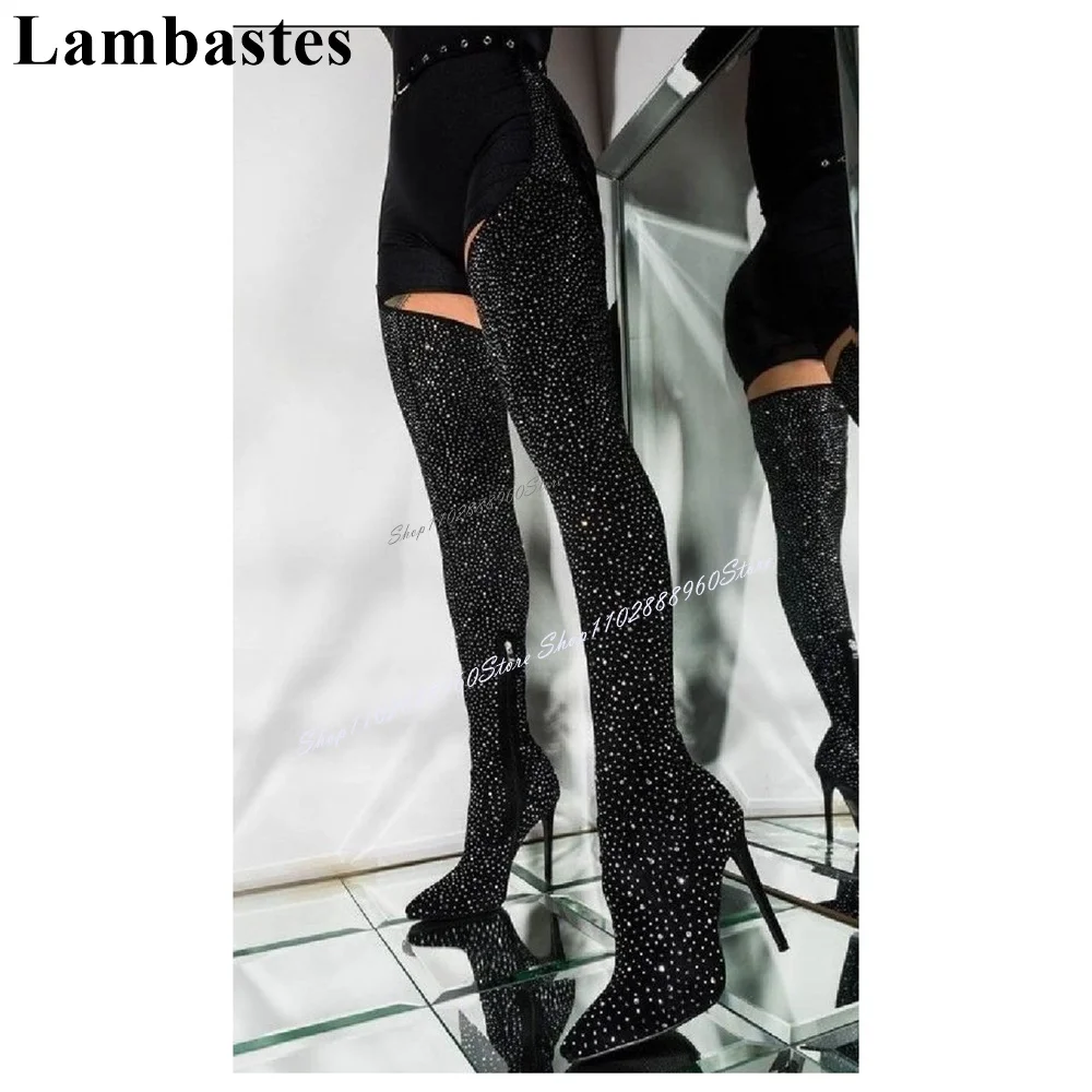 

Thigh High Black Elastic Crystal Decor Waist Boots Thin High Heel Women Shoes Side Zipper Pointed Toe 2024 Zapatos Para Mujere