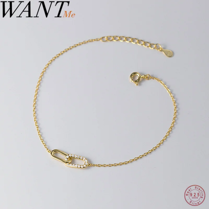 WANTME 925 Sterling Silver Fashion Korean Ring Interlocking Chain Charm Bracelet for Women Elegant Chic Party Jewelry Accessorie