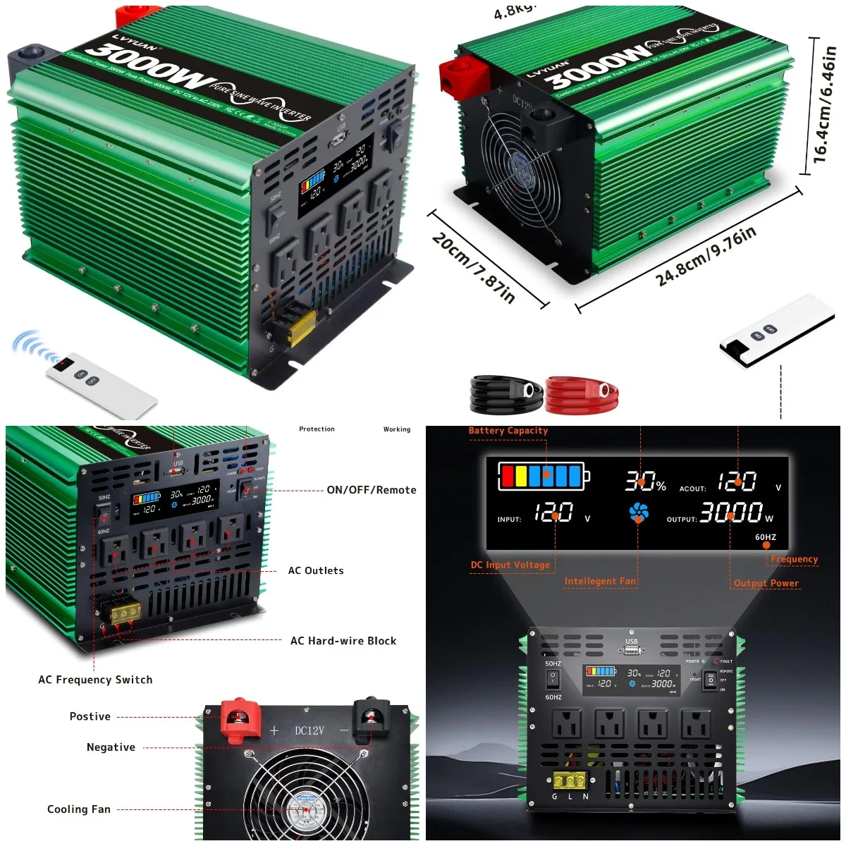 

3000W Pure Sine Wave Inverter 12V to 110V DC to AC Converter with 4 Outlets, LCD, USB, Remote