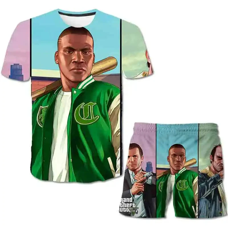 2024 New Games GTA Grand Theft Auto Vice City Men\'s Beach Shorts 2 Pcs Set 3D Print Sports Suit Summer T-shirt Shorts 2 Pcs Suit