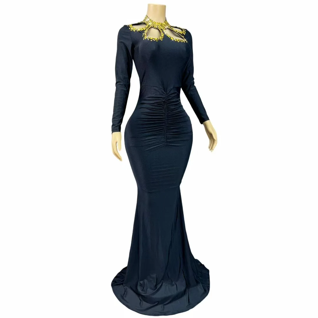 Women Luxury Black Cut Out Gold Diamonds Collar Pleated Maxi Long Elegant Celebrity Evening Party Dress For 50-60 Years Ladies