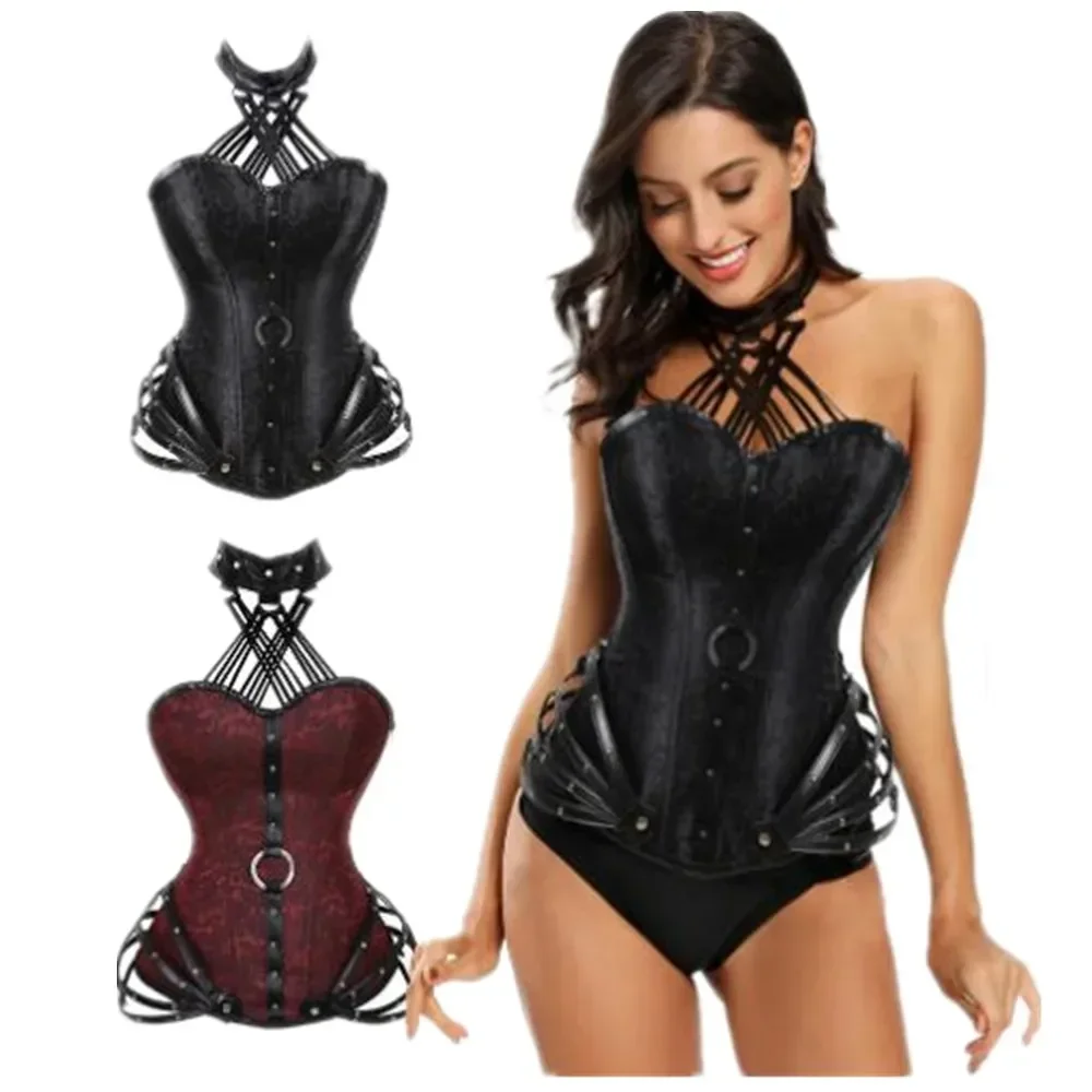 

Steampunk Gothic Overbust Corset Plus Size For Women Sexy Halter Zip Burlesque Pu Leather Bustier Costume Top