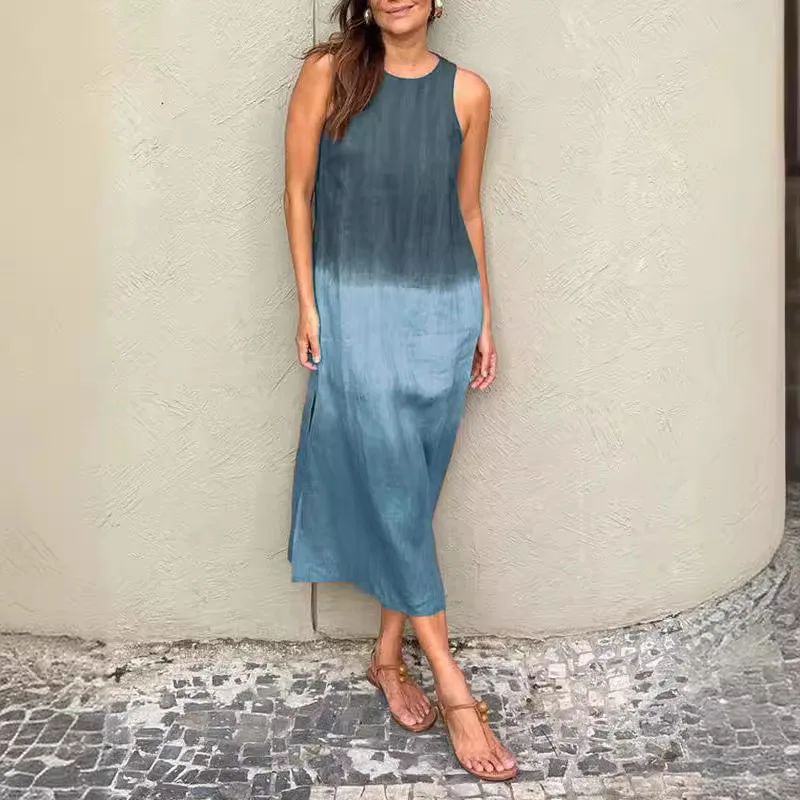 

Fashion Summer New Gradient Tie Dye Women Long Dress Pullover O-neck Sleeveless Slit Loose Casual Beach Ladies Sundress