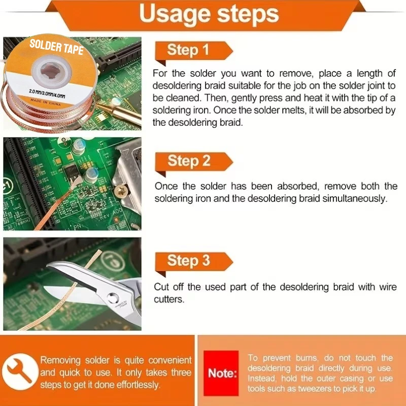No‑Clean Desoldering Braid Copper Solder Wick Roll Tin Absorption Wire Solder Remover Mesh Tape for PCB Circuit Board BGA Chip