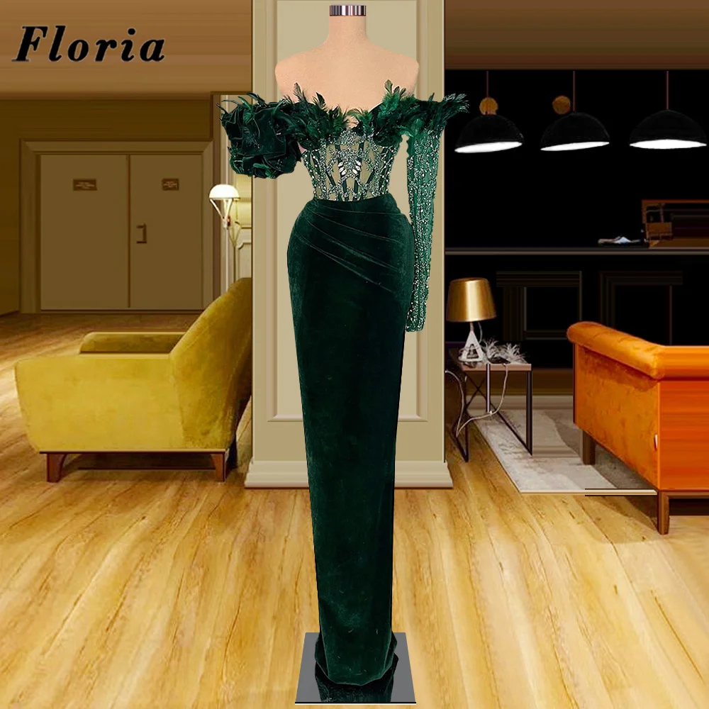 

Elegant Off Shoulder Evening Gowns For Weddings Arabic Dubai Green Beading Feathers Party Engagement Dress Cocktail Dresses Robe