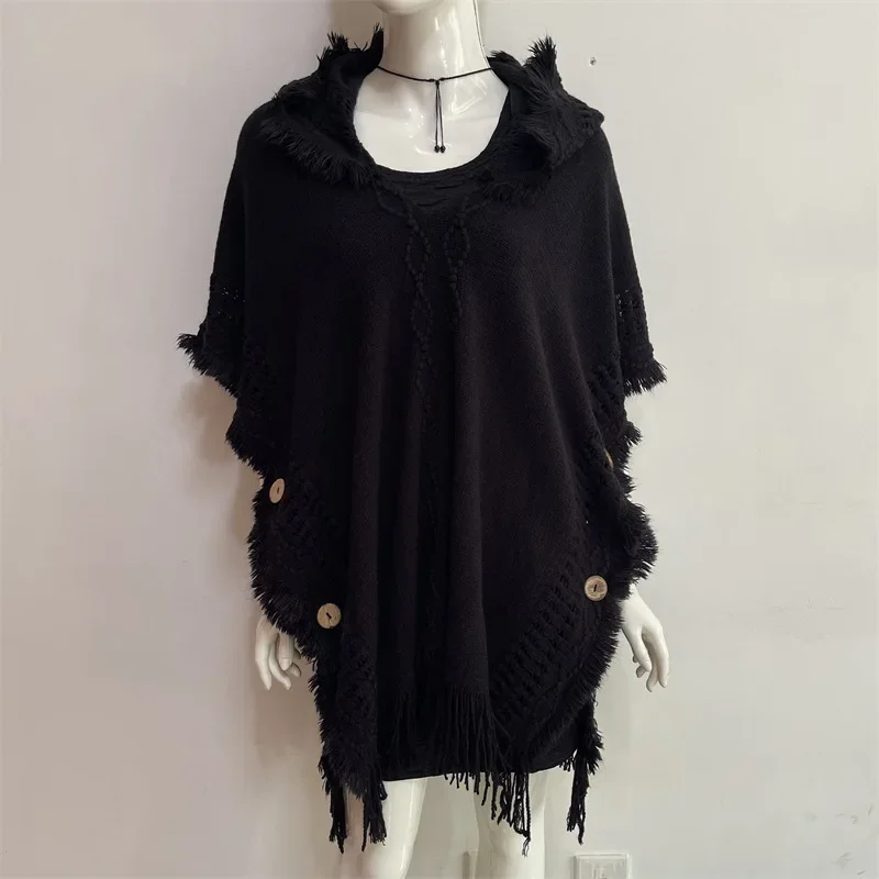 

Spring Autumn Women Hooded Pullover Sweater Tassel Knitting Versatile Sunscreen Warmth European American Knitted Cloak Black