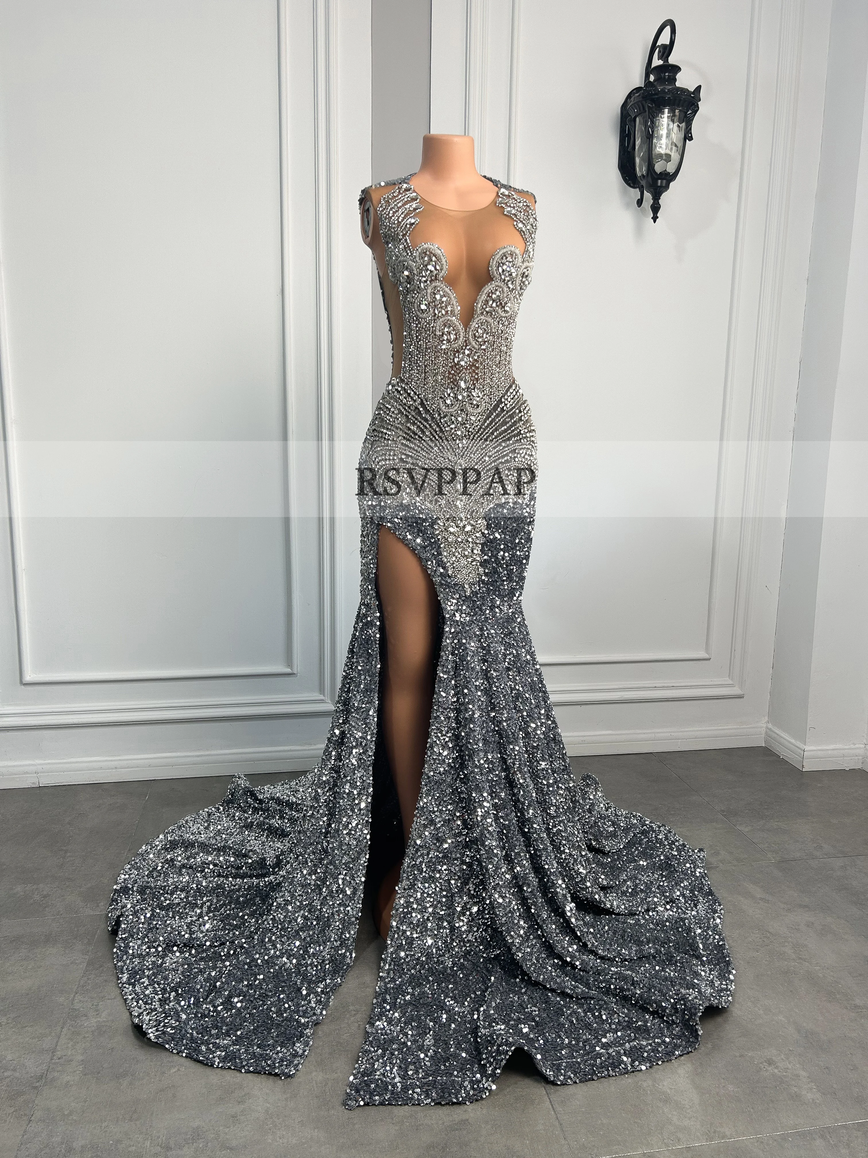 Long Sparkly Prom Dresses 2026 Sexy High Slit Luxury Diamond Silver Sequin Black Girls Mermaid Prom Dress