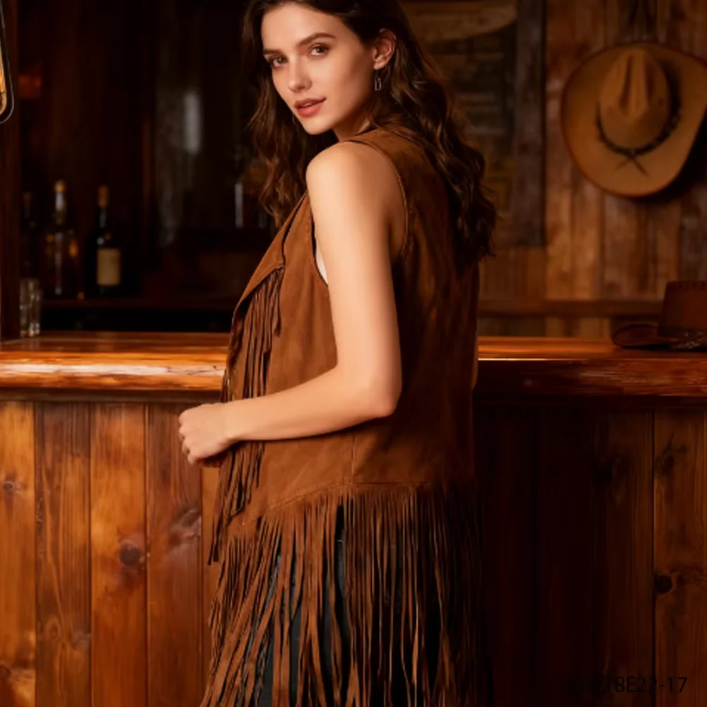 PESENAR Gilet en jean marron à franges, classique vintage, créant un article à la mode de style occidental
