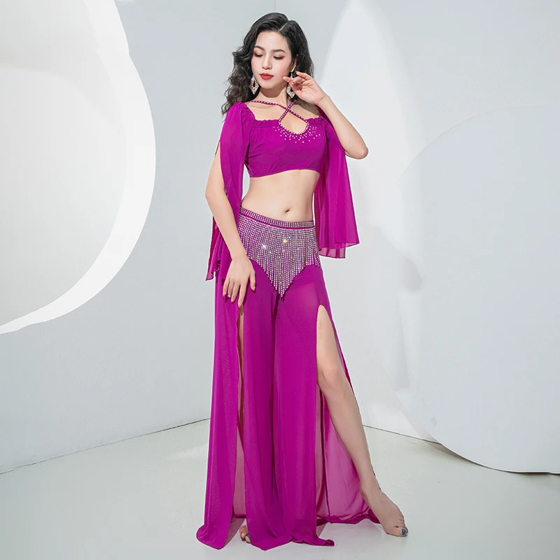 

New belly dance outfit sexy top+split wide leg pants hot diamond tassels high-end performance suit set