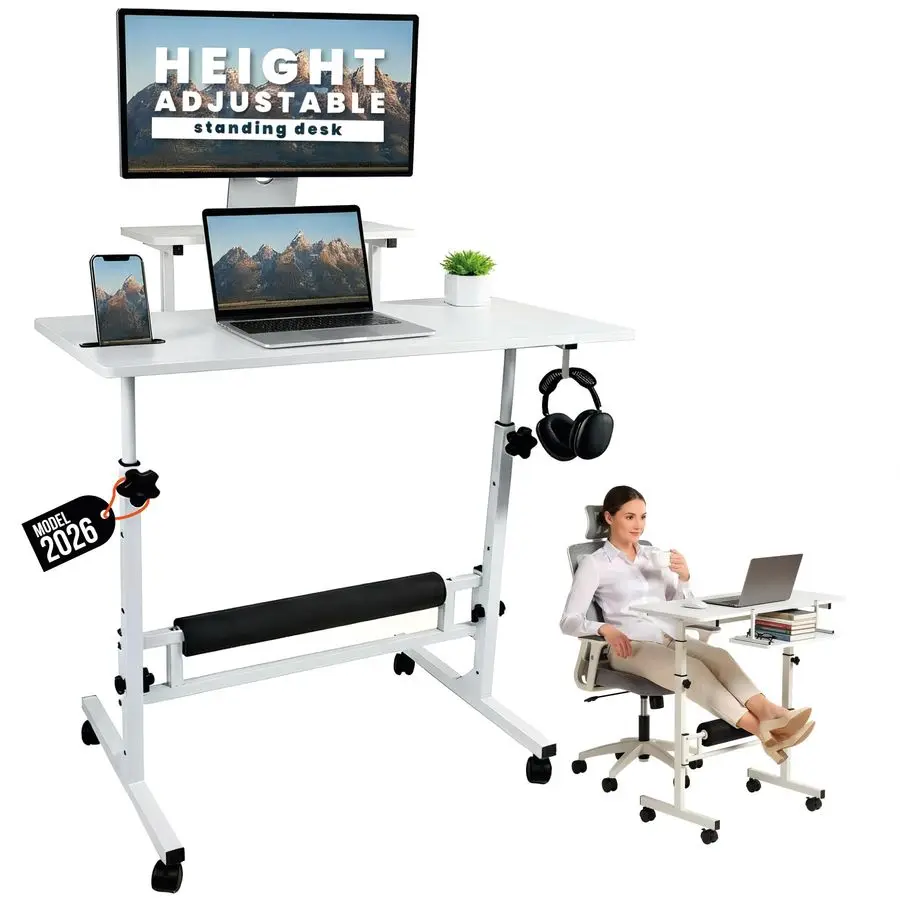 

2026 Adjustable Height Rolling Desk with Wheels Portable Compact Laptop Table Mobile Workstation for Study Office Small Space St