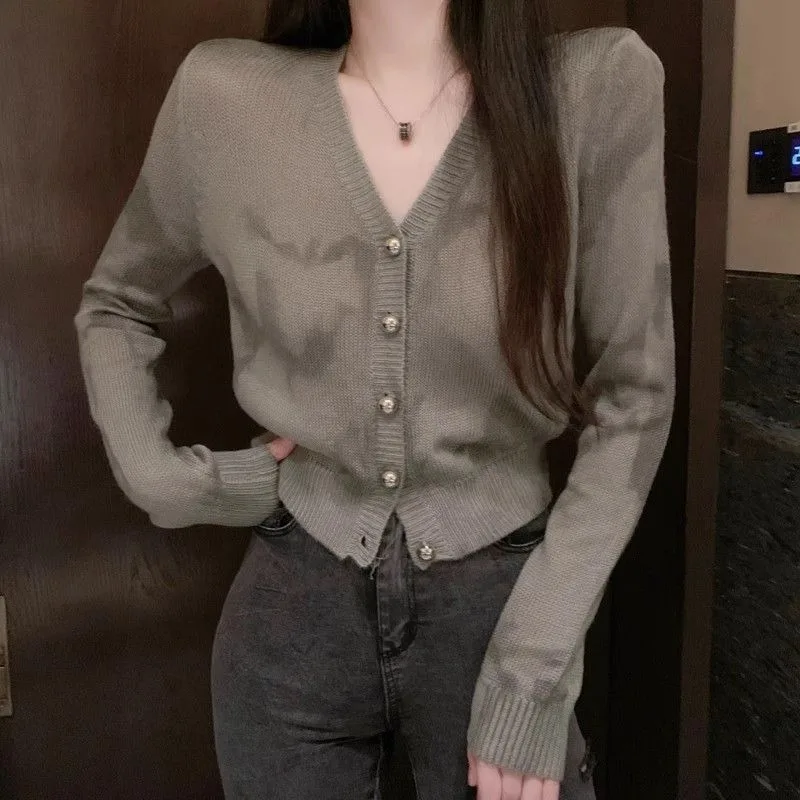 Tie Dye Short Cardigans V Neck Korean Fashion Spring Autumn Vintage Women Sweaters Versatile Elegant Knit Sueter Mujer