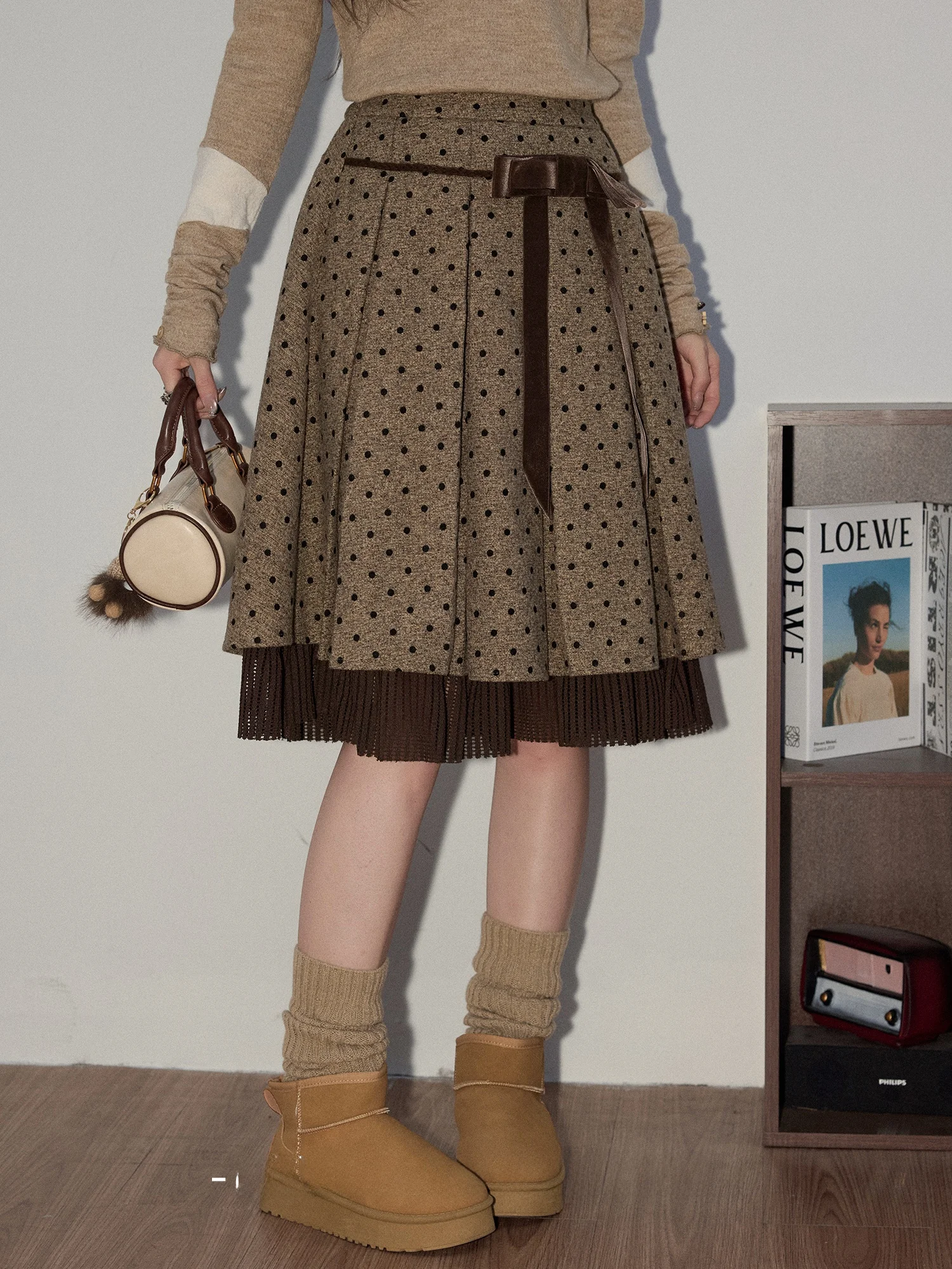 

Винтажная женская юбка в горошек с завязками на талии, А-силуэт, миди, с высокой талией, стройнящая, универсальная, для осени и зимы