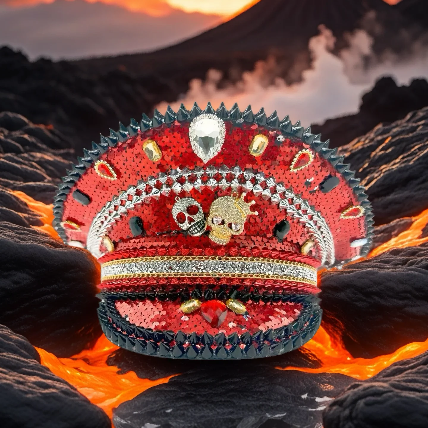 紅蓮レッドスチームパンクキャプテンハット、ハロウィンフェスティバル用ラインストーン付き、女性用、ヴィンテージミリタリーアクセサリー＆ミリタリーキャップ男性用