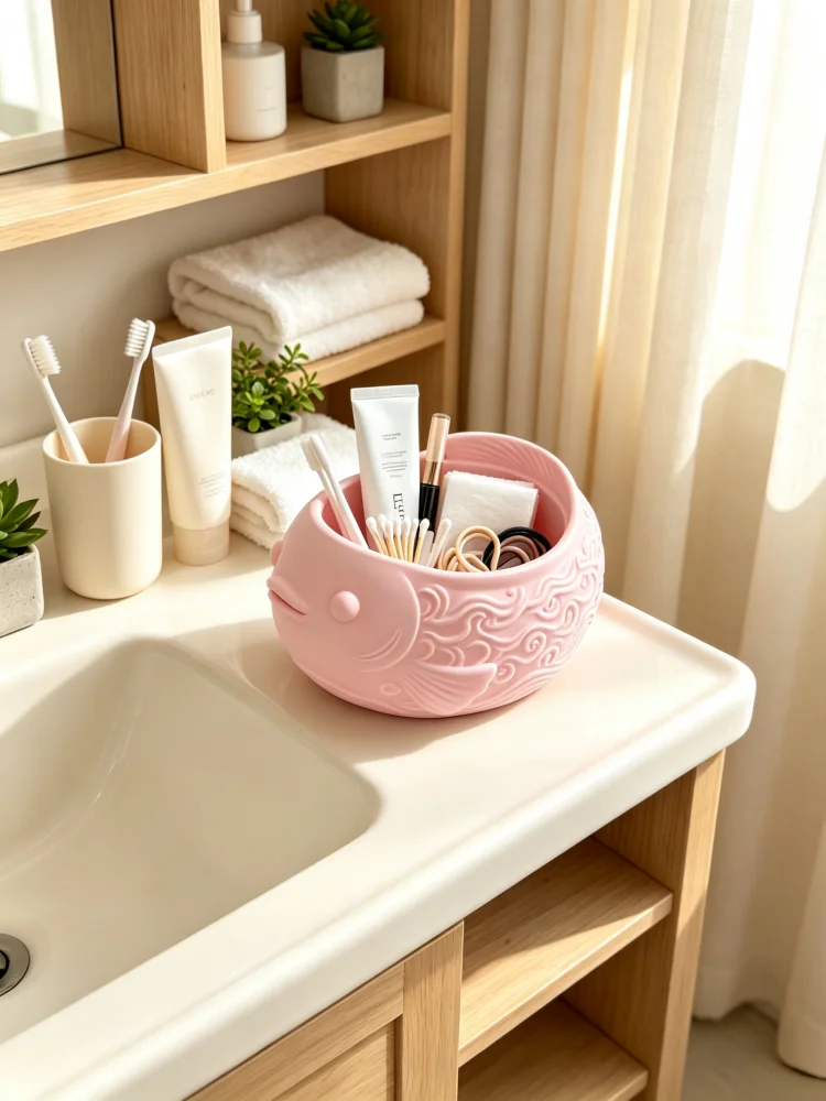 Cute Pink Fish-Shaped Storage Bowl, Adorable Animal-Shaped Decorative Storage Bowl, Large Capacity Wide-Mouth Countertop Storage Box, Vanity Makeup Brush and Jewelry Organizer, Home Office Stationery Storage Container, Bathroom Storage for Small Items, Girl's Room Desktop Decoration Piece, Petg Material, Practical and Creative Gift for Women and Girls