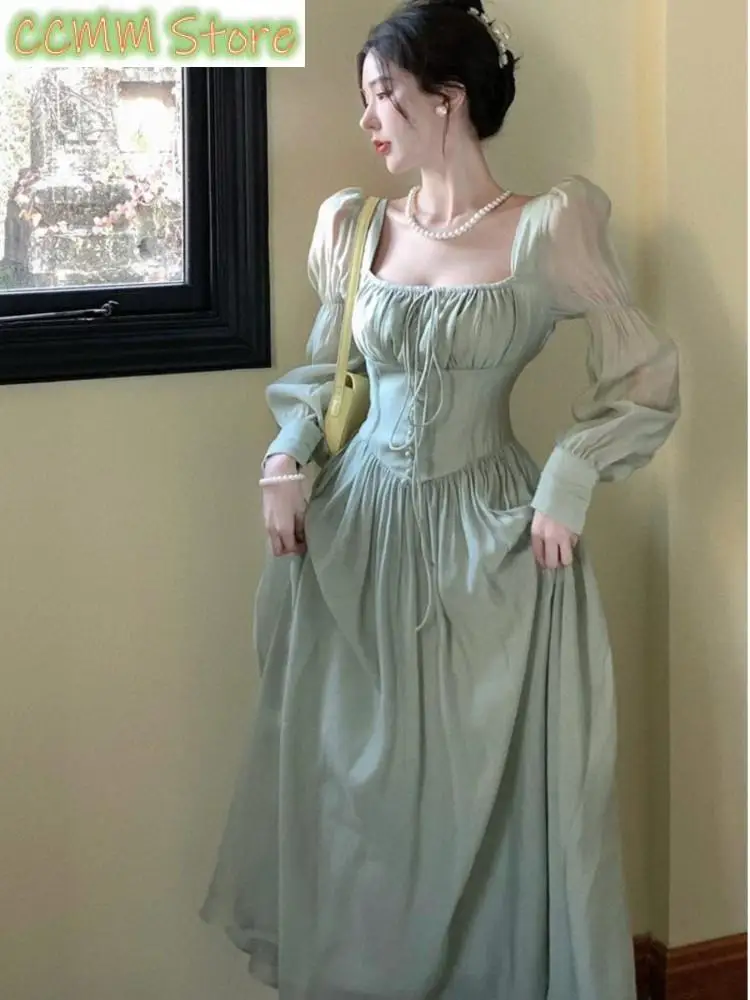 Elegante abito longuette con maniche a lanterna francese con lacci Abito estivo da donna con scollo quadrato Abito da ballo per feste da sera Abiti femminili Mujer Autunno