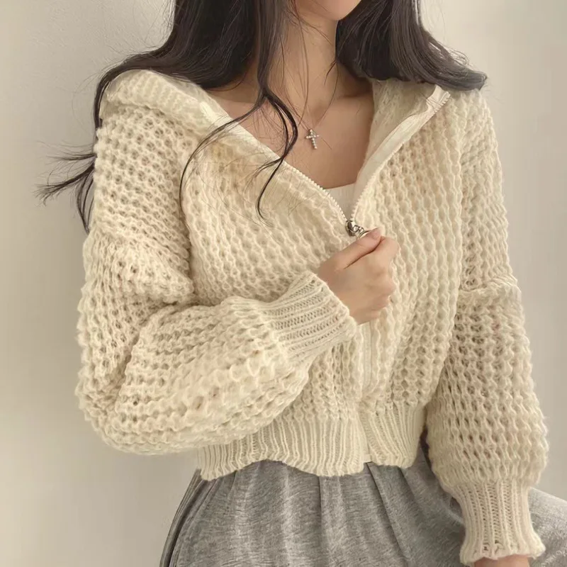 Autumn and Winter Hooded Short Sweater Jacket, Women\'s Design Sense, Thick Needle Lapel Loose Knit Sweater Short Cardigan