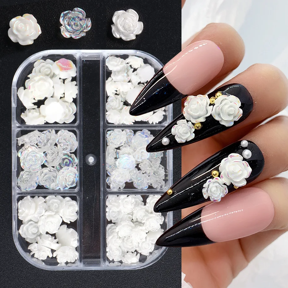 

6Grids/Box Mixed Resin Camellia Nail Art Decorations 3D Pearl Butterfly Charms Colorful Rhinestone DIY Manicure Tools Parts