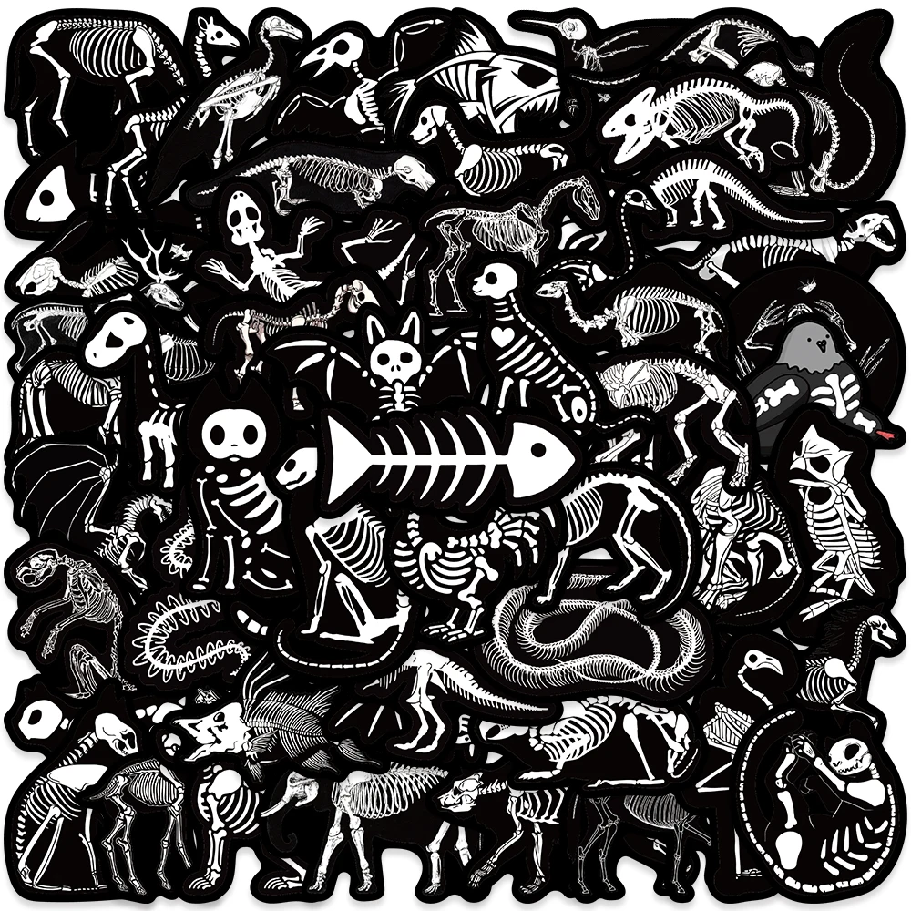 

56pcs Funny Black and White Cartoon Animal Skeletons Stickers Waterproof Graffiti For Luggage Laptop Guitar Phone Vinyl Decals