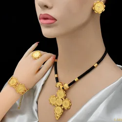 New Middle East Dubai Alloy Jewelry Set Four Piece Black Rope Long Necklace Pendant Coin African Bride Wedding Jewelry DD10282