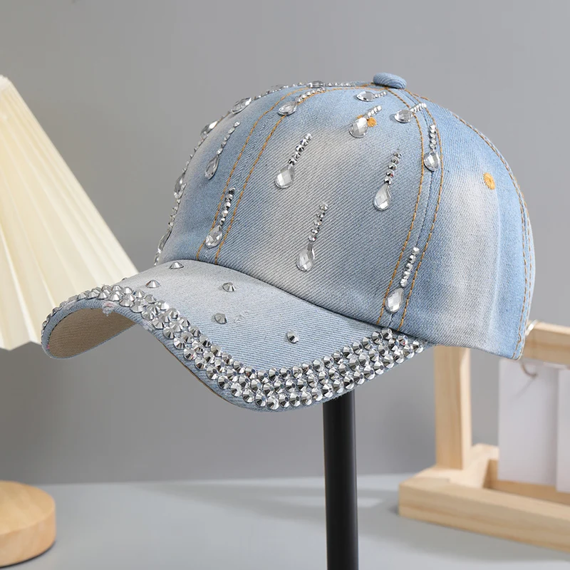 Baseball Cap for Women Sequins Rhinestone Droplets Casual Sports Cap Female Denim Cloth Adjustable Hat Sunshade Hip Hop