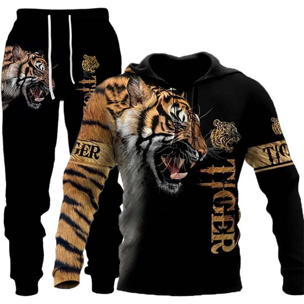 Felpa con cappuccio tigre da uomo set manica intera in poliestere primavera e autunno felpa con cappuccio stampata in 3D con animali felpa pantaloni tuta da uomo